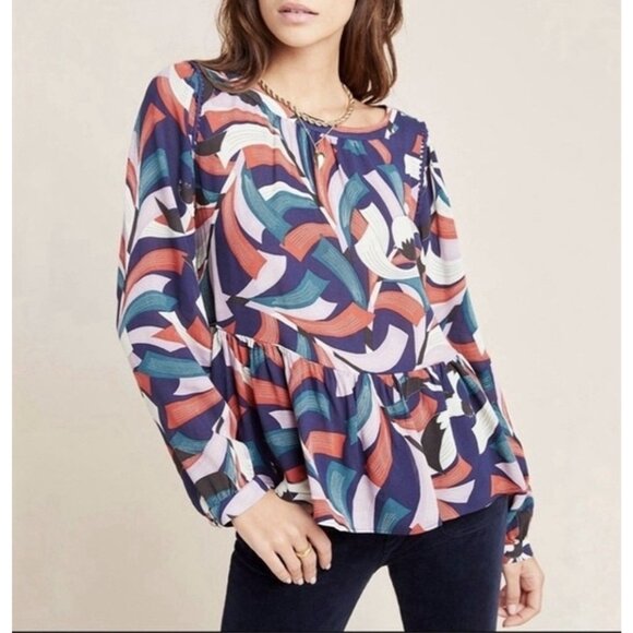 Maeve Anthropologie Cheyenne Peplum Birds Print Blouse Small Top Long Sleeves - Picture 1 of 12
